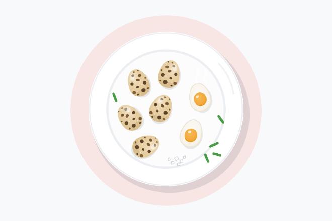 Illustration of speckled quail eggs and two peeled egg halves with golden yolks on a white plate