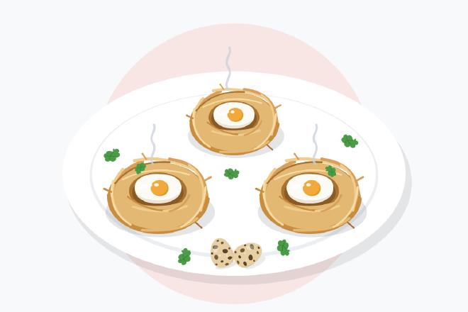 Illustration of three golden potato nests, each holding a quail egg, with green herbs on a white plate