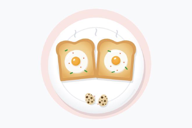 Illustration of two golden toast slices topped with fried eggs and chives, beside speckled quail eggs