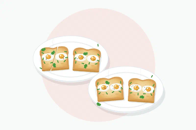 Illustration of four golden toasts on two plates, each topped with two sunny side up quail eggs with set whites and glossy, runny yolks, sprinkled with chives and parsley